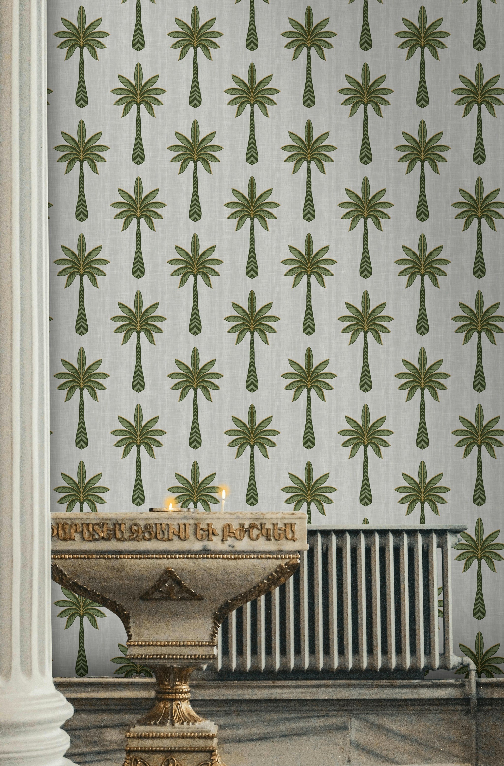 White and Green Palm Tree Pattern Wallpaper