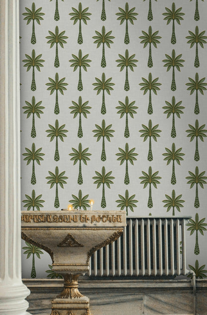 White and Green Palm Tree Pattern Wallpaper