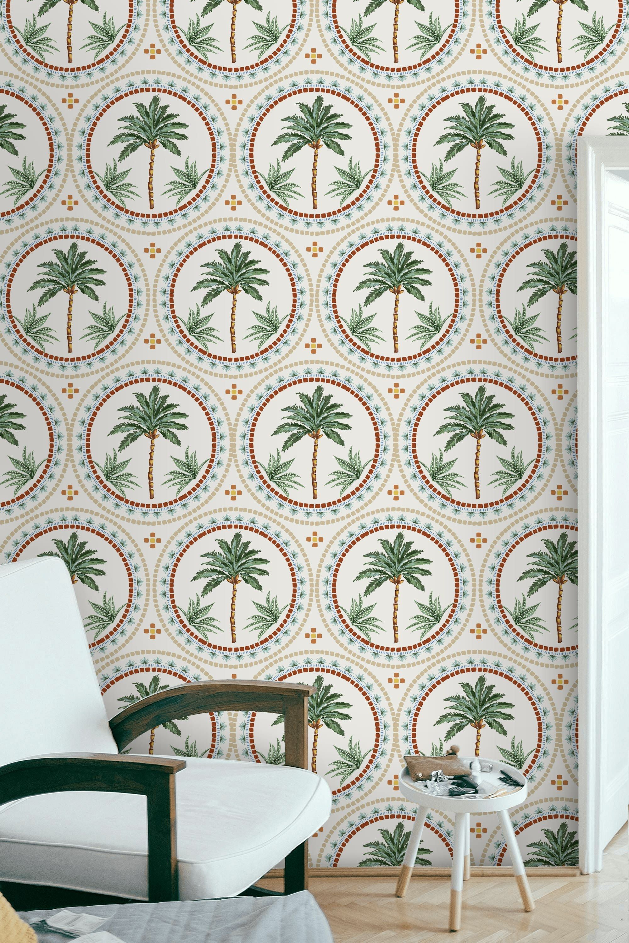 Cream and Green Mediterranean Palm Tree Wallpaper