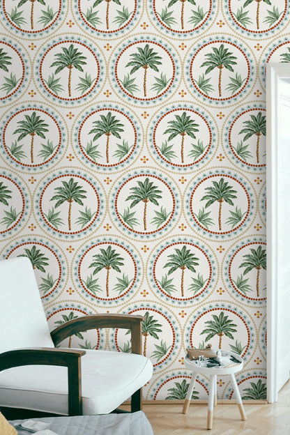 Cream and Green Mediterranean Palm Tree Wallpaper