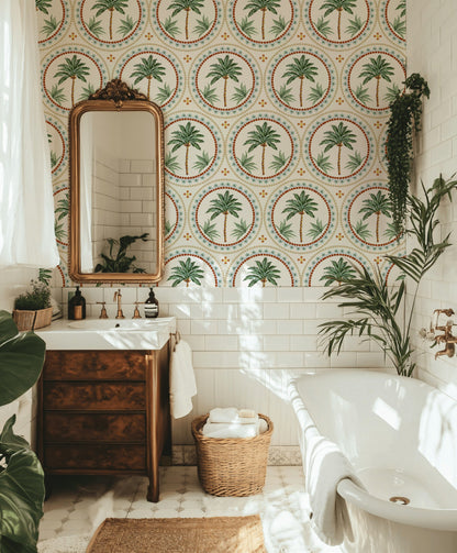 Cream and Green Mediterranean Palm Tree Wallpaper