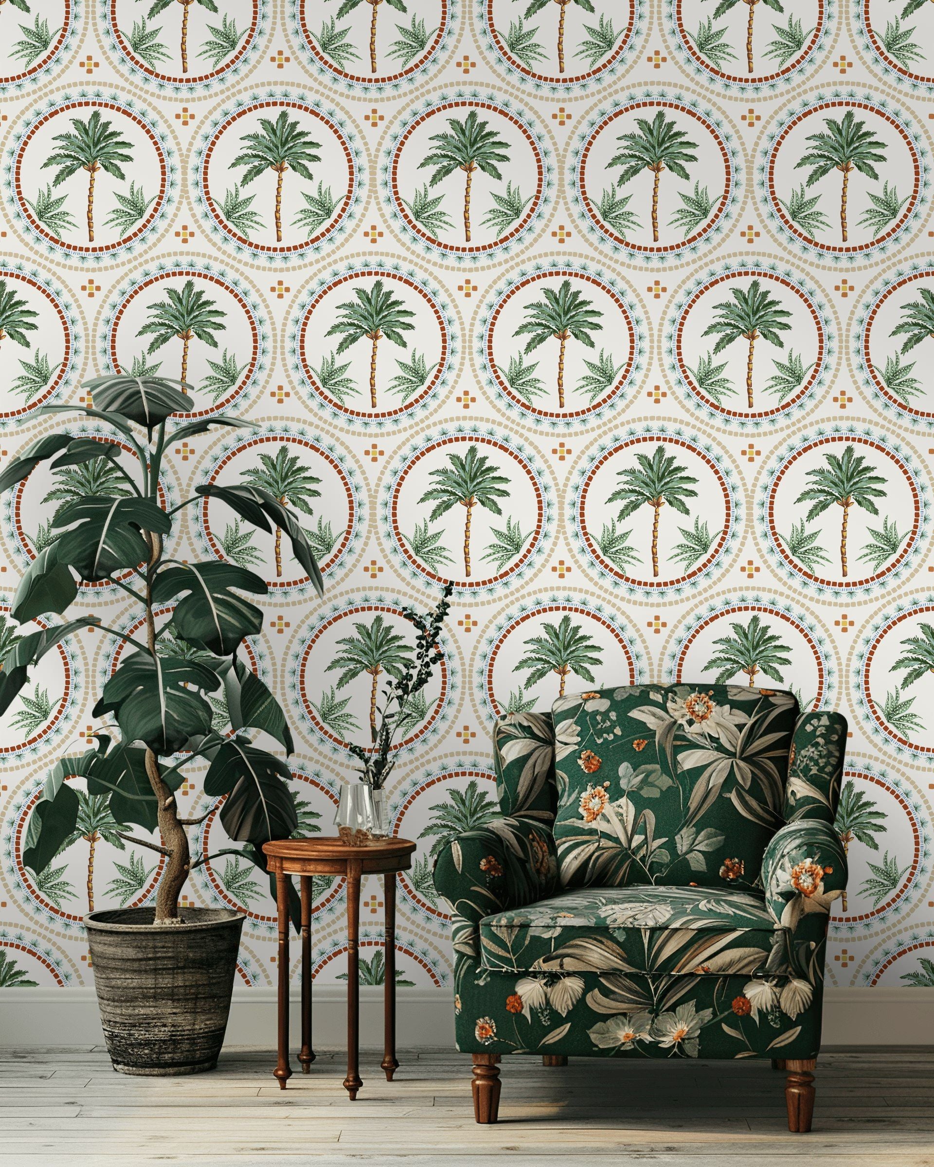 Cream and Green Mediterranean Palm Tree Wallpaper