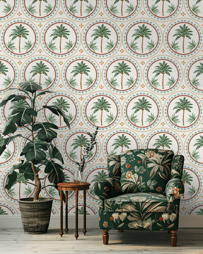 Cream and Green Mediterranean Palm Tree Wallpaper