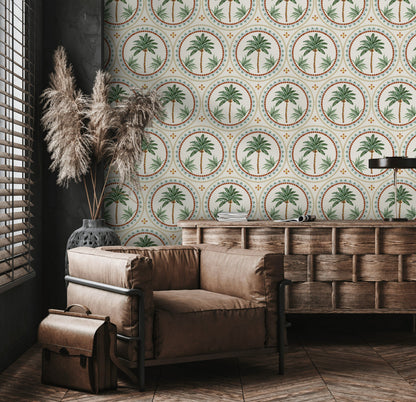 Cream and Green Mediterranean Palm Tree Wallpaper