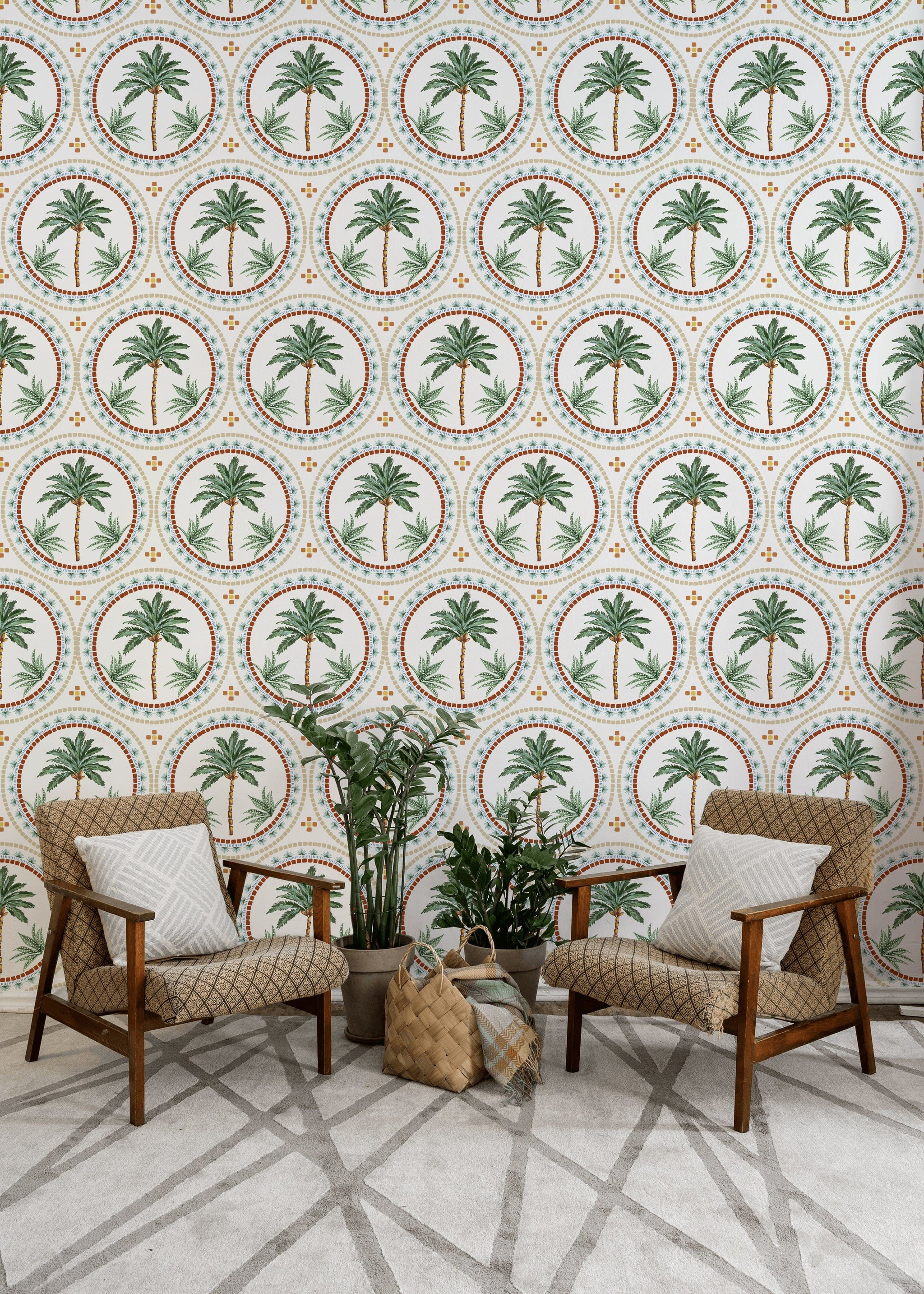 Cream and Green Mediterranean Palm Tree Wallpaper
