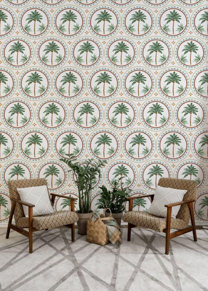Cream and Green Mediterranean Palm Tree Wallpaper