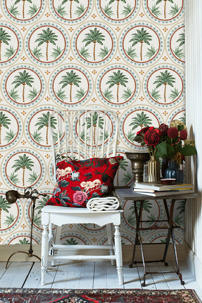 Cream and Green Mediterranean Palm Tree Wallpaper