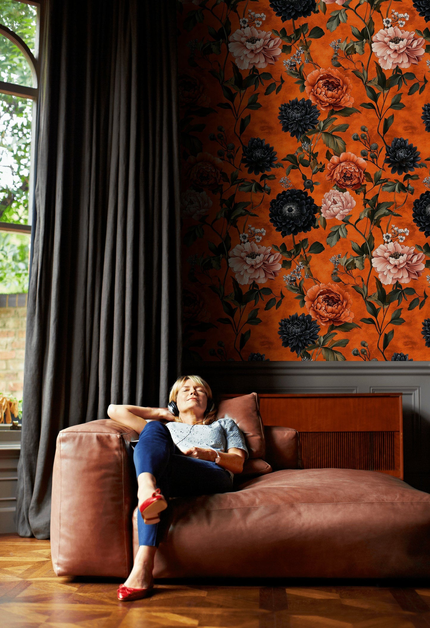 Bold Orange Floral Wallpaper Black Dahlias Wall Mural