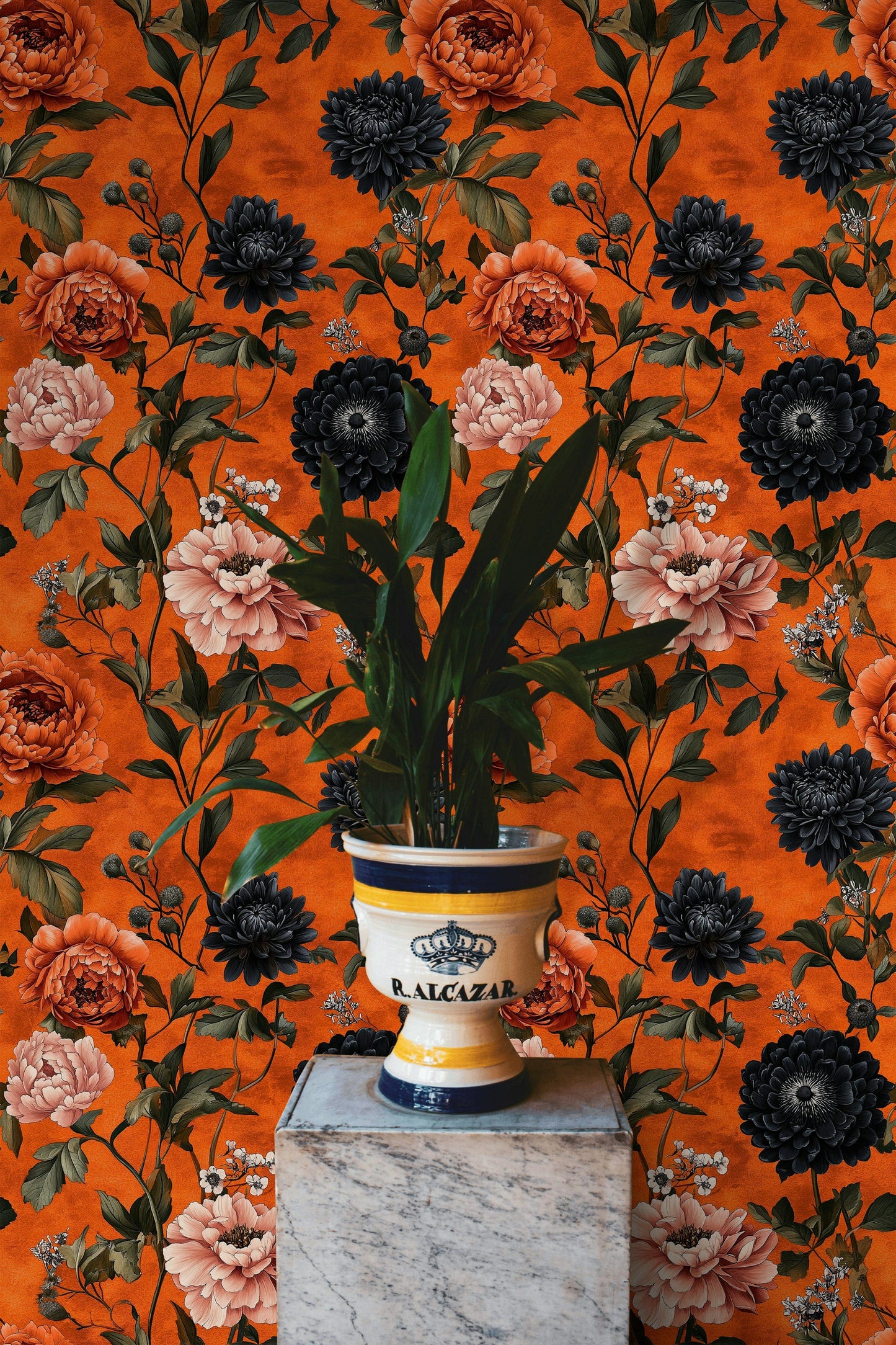 Bold Orange Floral Wallpaper Black Dahlias Wall Mural