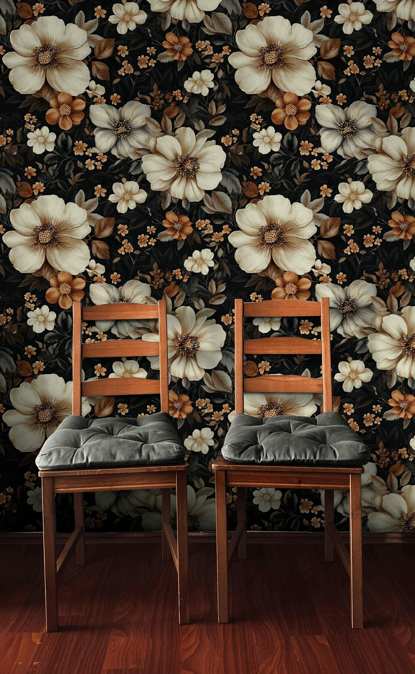 Dramatic Black Floral Wallpaper Ivory & Copper Bloom Mural