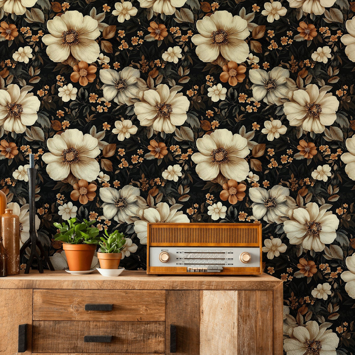 Dramatic Black Floral Wallpaper Ivory & Copper Bloom Mural