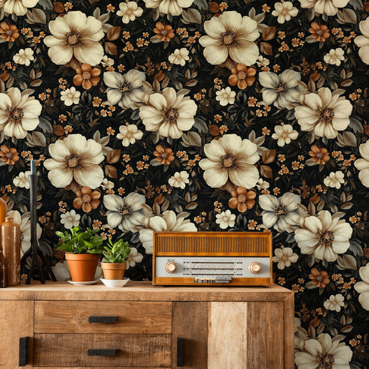 Dramatic Black Floral Wallpaper Ivory & Copper Bloom Mural
