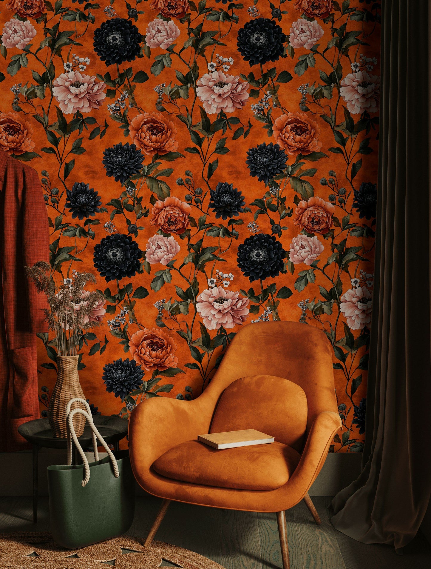 Bold Orange Floral Wallpaper Black Dahlias Wall Mural