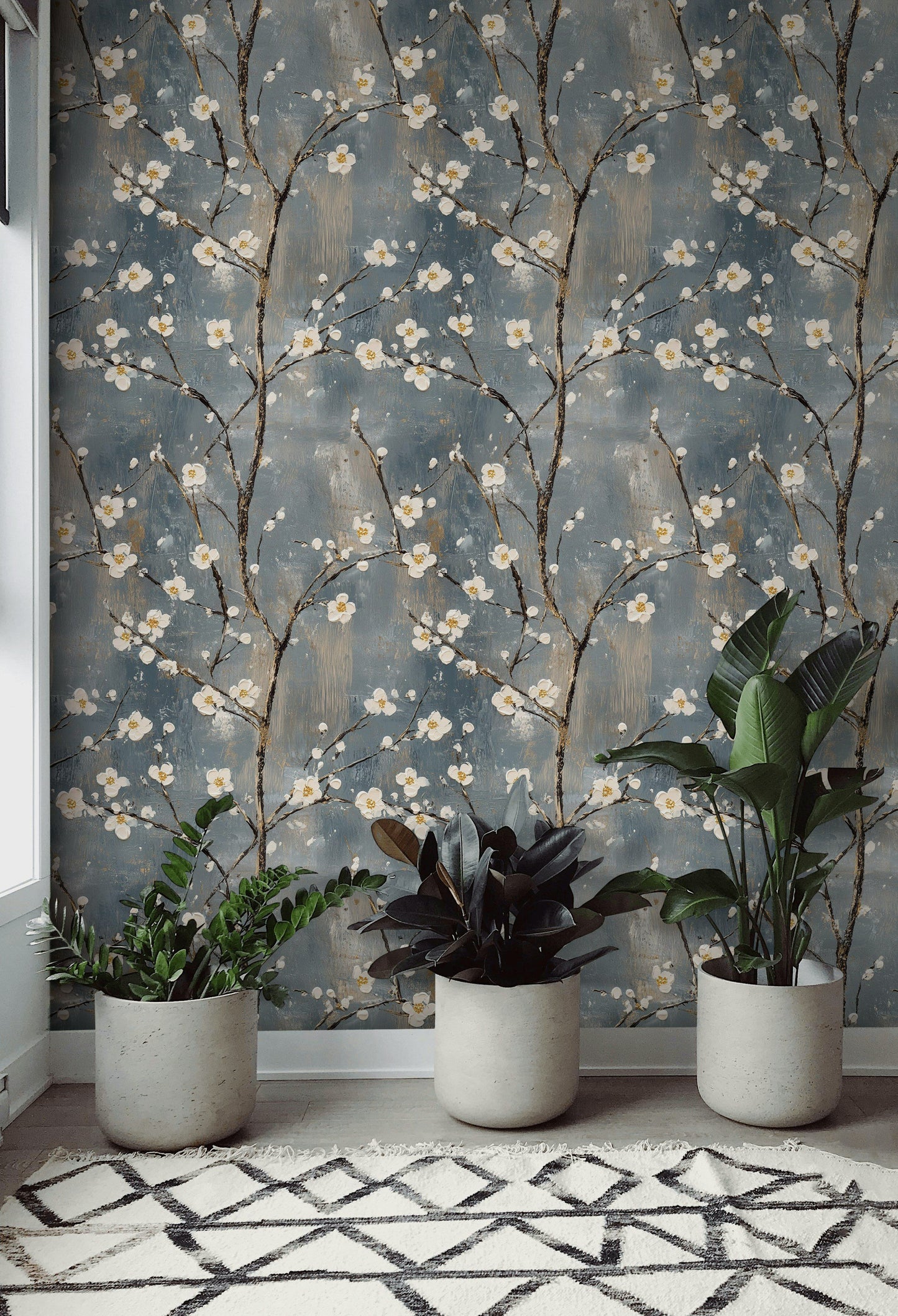 Cherry Blossom Wall Mural Slate Blue Japanese Floral Wall Art