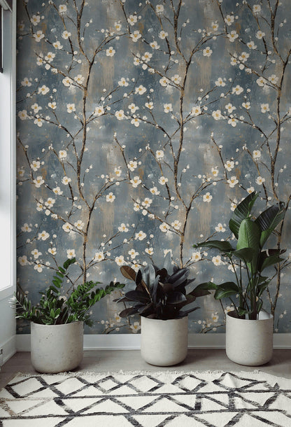 Muted Blue Cherry Blossom Floral Wallpaper