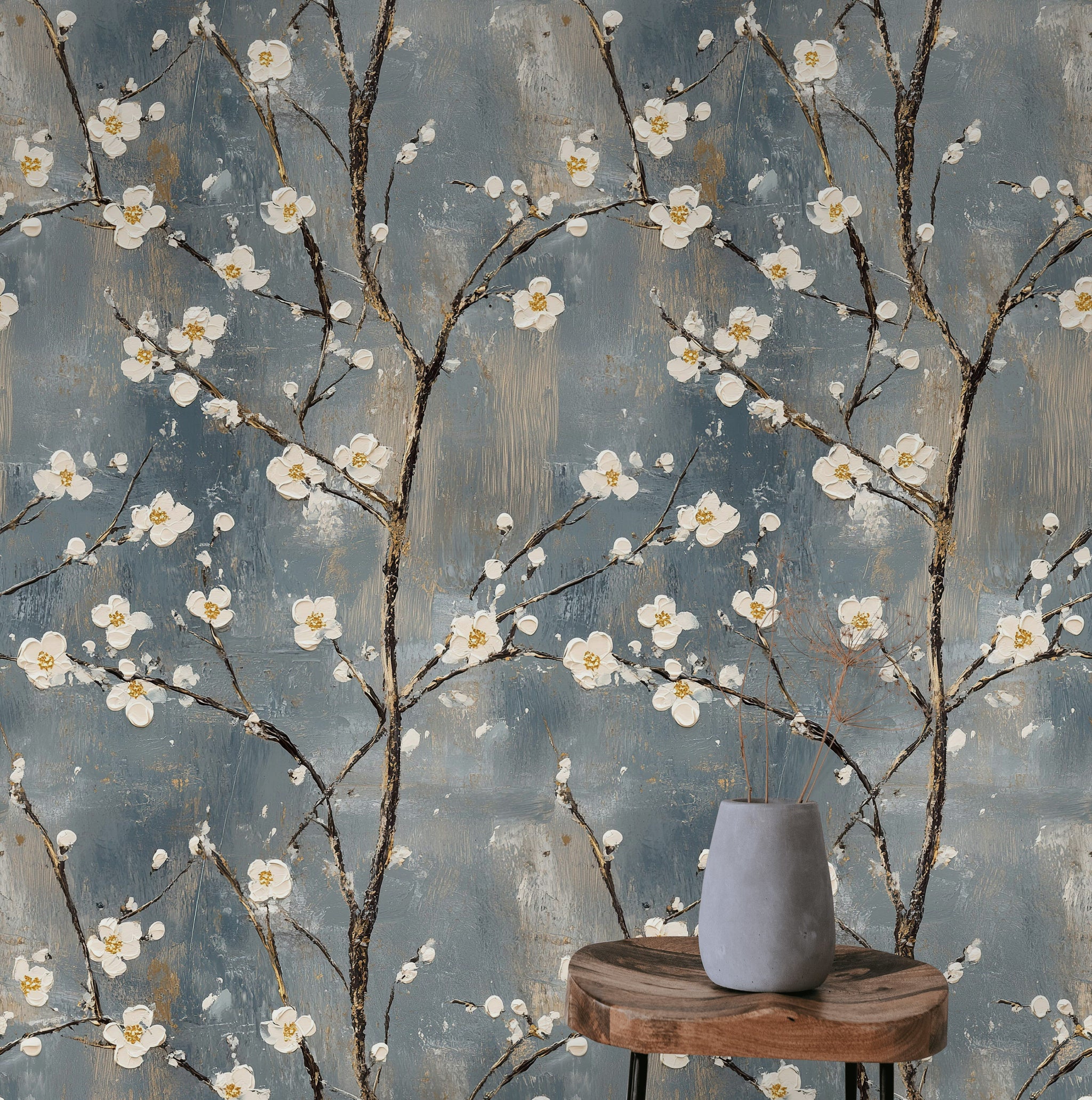 Muted Blue Cherry Blossom Floral Wallpaper
