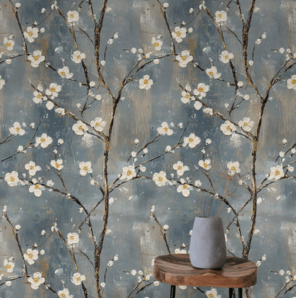Muted Blue Cherry Blossom Floral Wallpaper