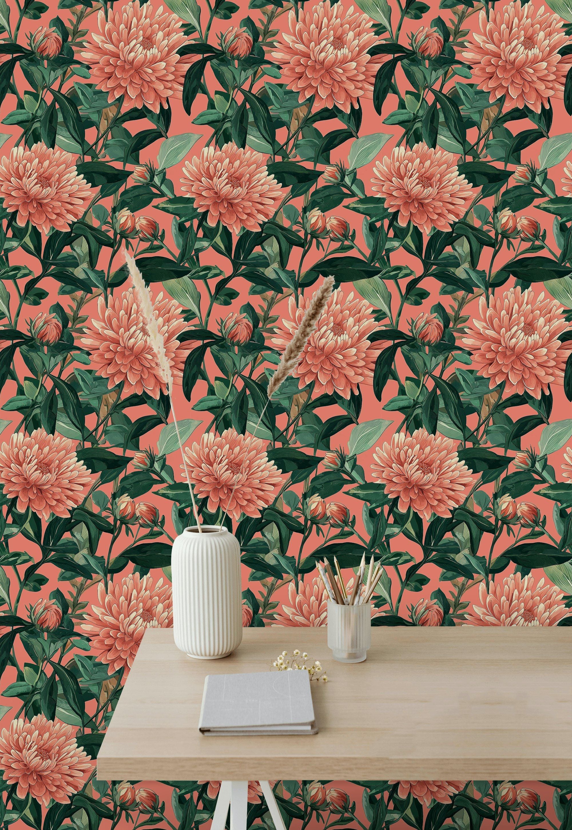 Coral Chrysanthemum Botanical Floral Wallpaper