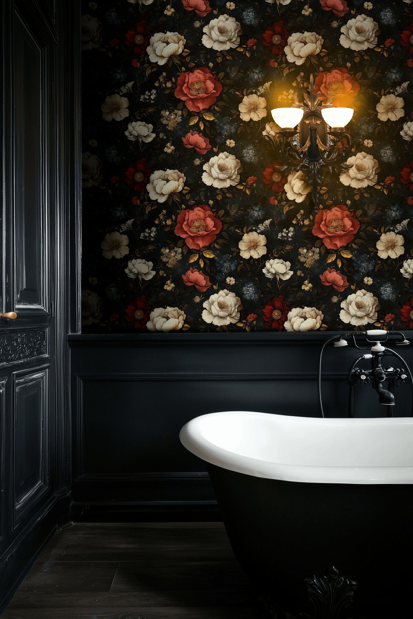 Midnight Garden Wallpaper Elegant Red & White Blooms Dark Floral Peel and Stick Roll