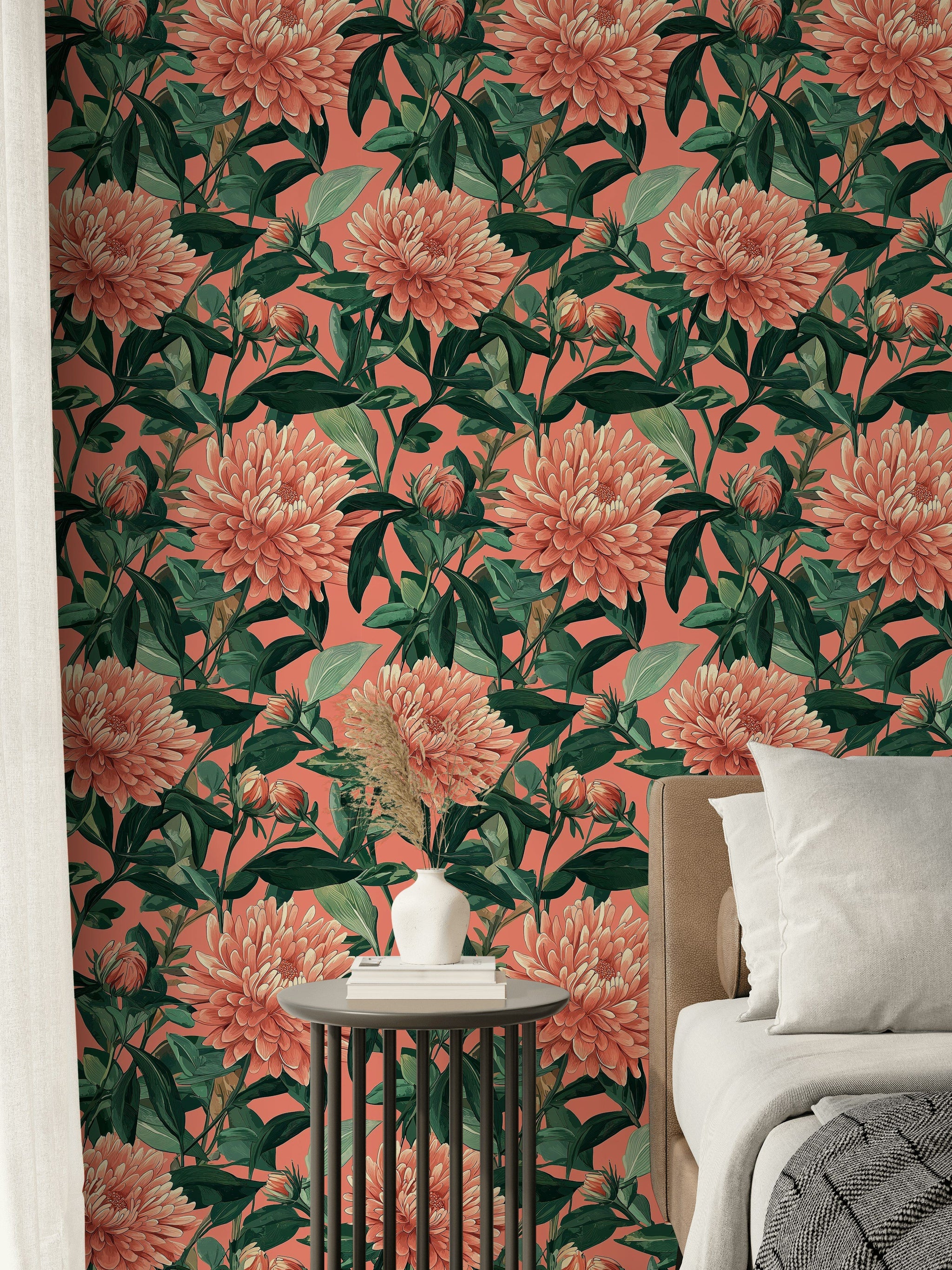 Coral Chrysanthemum Botanical Floral Wallpaper