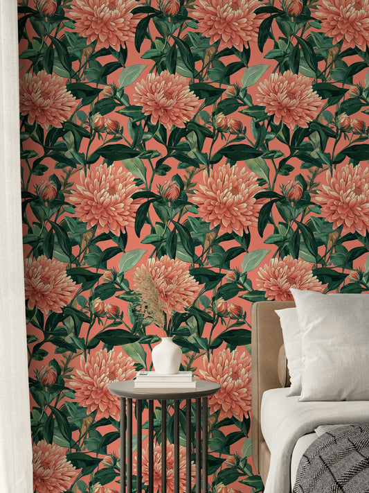 Coral Chrysanthemum Wallpaper Modern Floral Wall Mural
