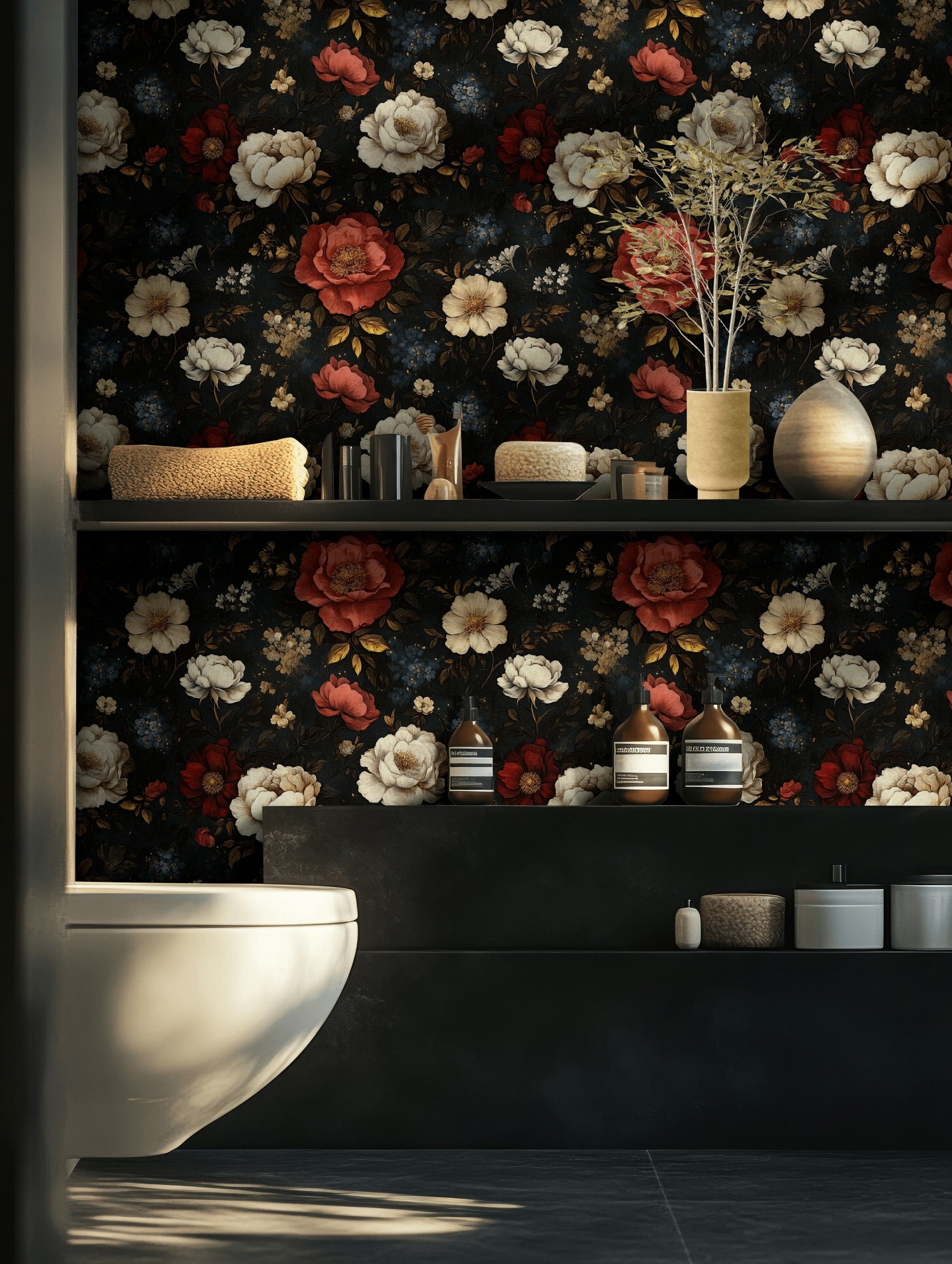 Moody Black with Multicolor Floral Roses Wallpaper