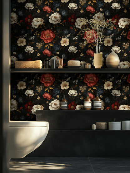 Moody Black with Multicolor Floral Roses Wallpaper