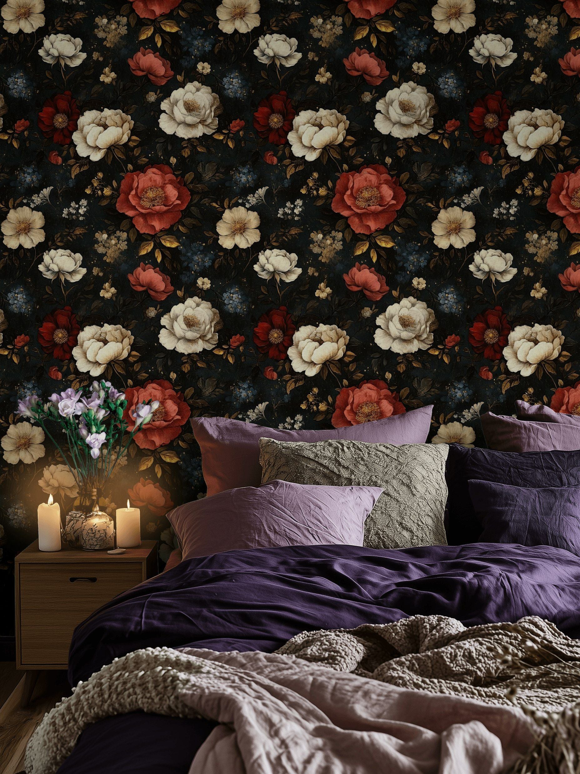 Moody Black with Multicolor Floral Roses Wallpaper