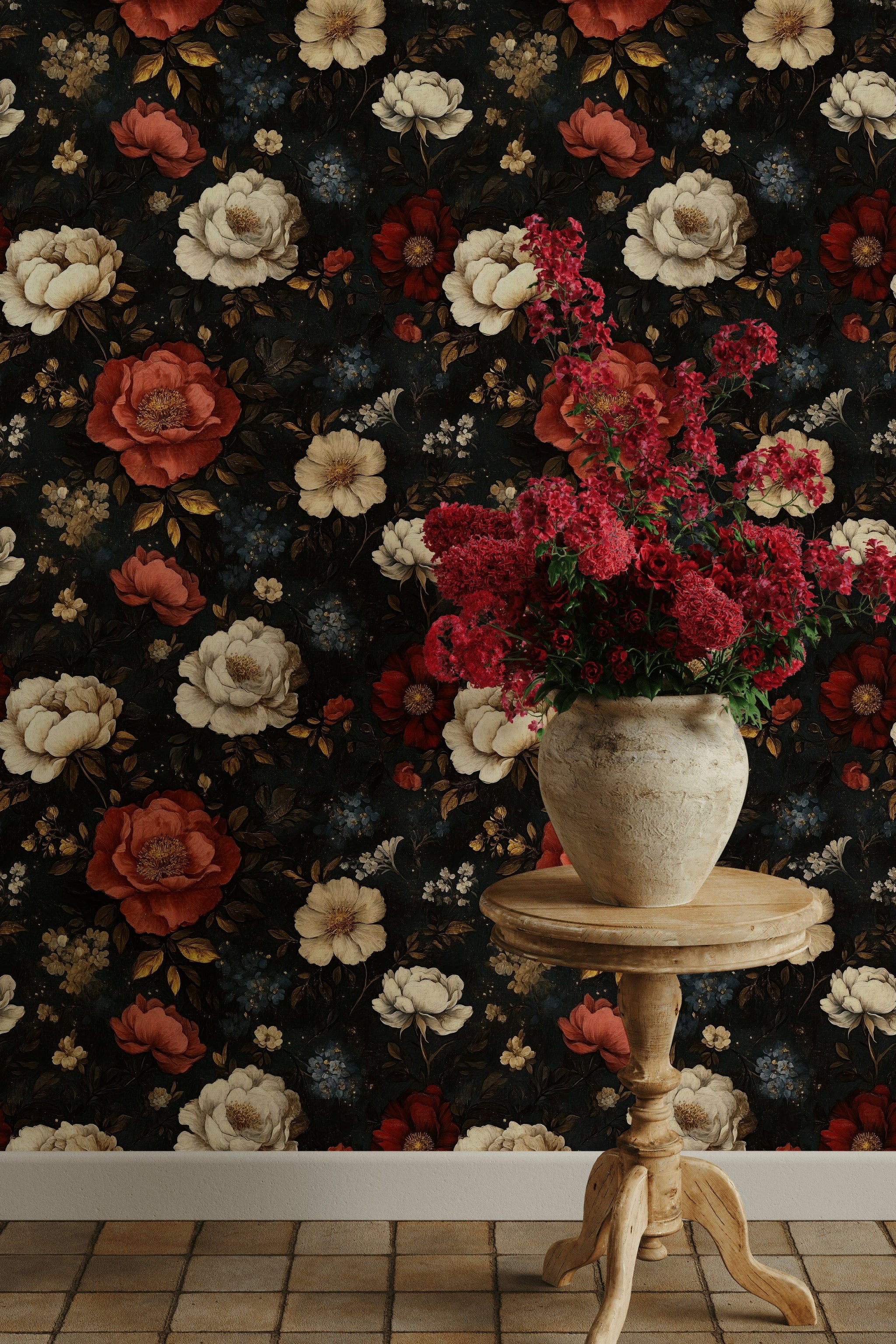 Moody Black with Multicolor Floral Roses Wallpaper
