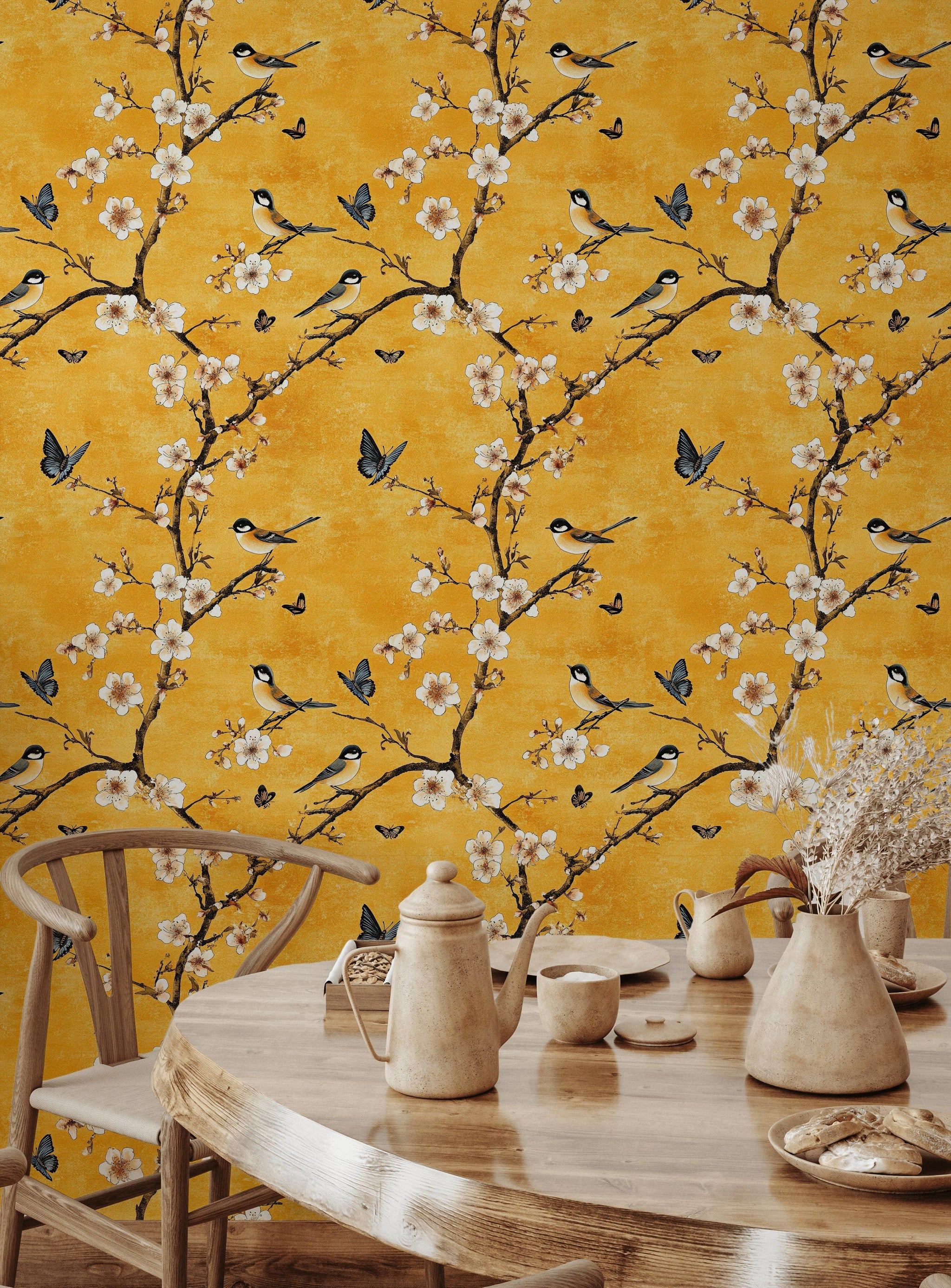 Sunny Yellow Cherry Blossom and Bird Wallpaper