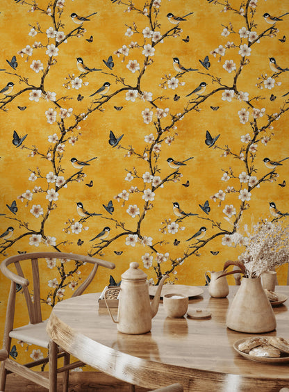 Sunny Yellow Cherry Blossom and Bird Wallpaper
