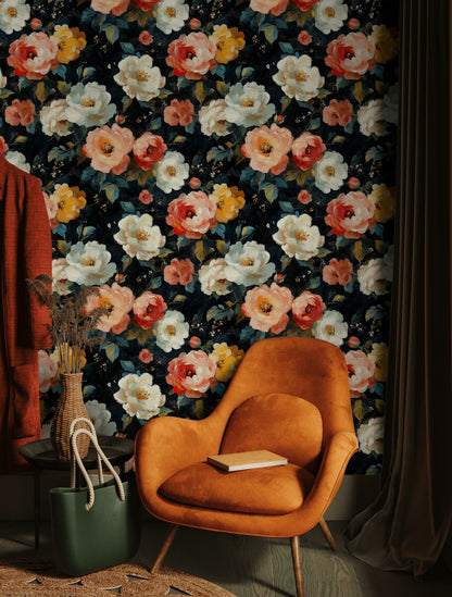 Dark Multicolor Romantic Rose Floral Wallpaper