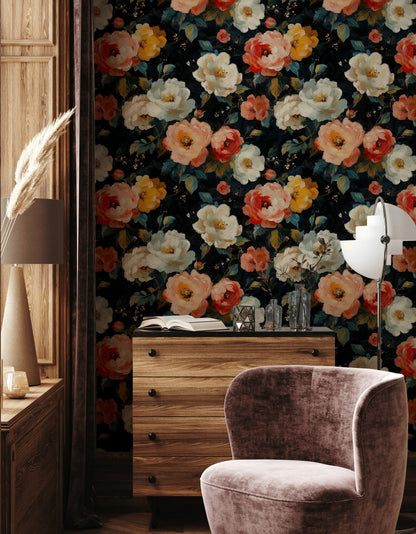 Dark Multicolor Romantic Rose Floral Wallpaper