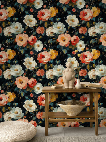 Dark Multicolor Romantic Rose Floral Wallpaper