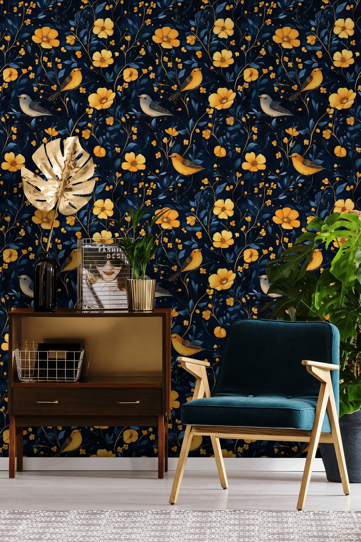 Midnight Garden Floral Wallpaper Yellow Flowers Navy Decor