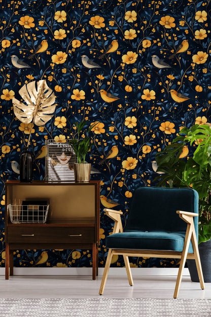 Midnight Black Songbird Floral Wallpaper