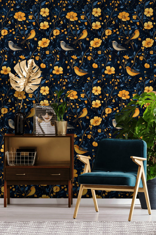 Midnight Garden Floral Wallpaper Yellow Flowers Navy Decor