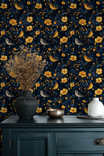 Midnight Black Songbird Floral Wallpaper