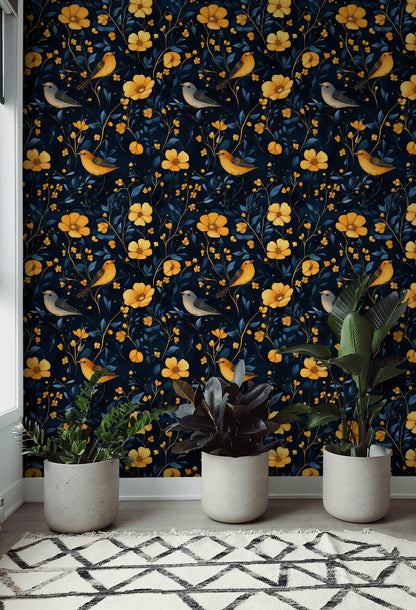 Midnight Black Songbird Floral Wallpaper