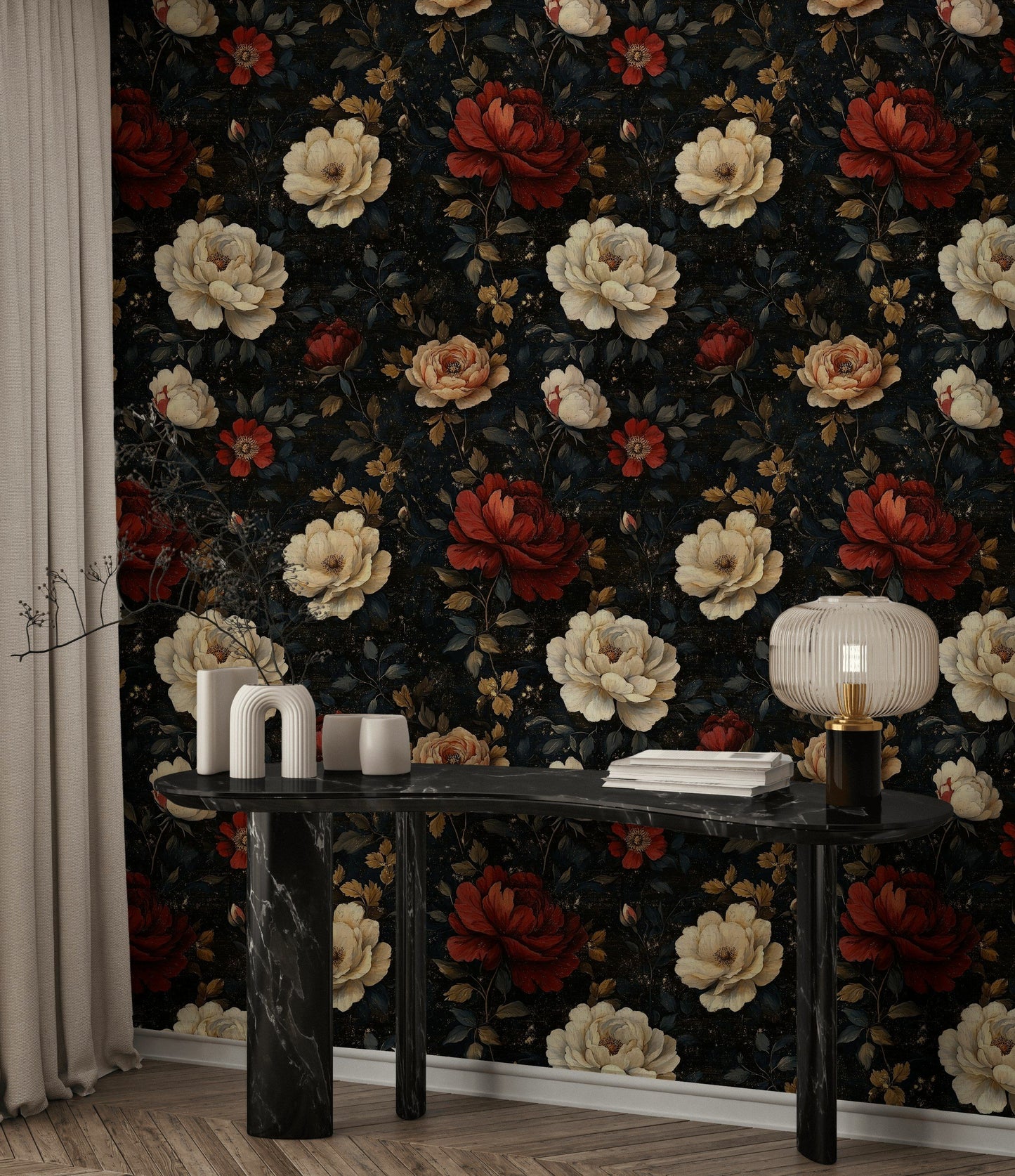 Dramatic Dark Floral Wallpaper Red & Cream Peonies Wall Mural
