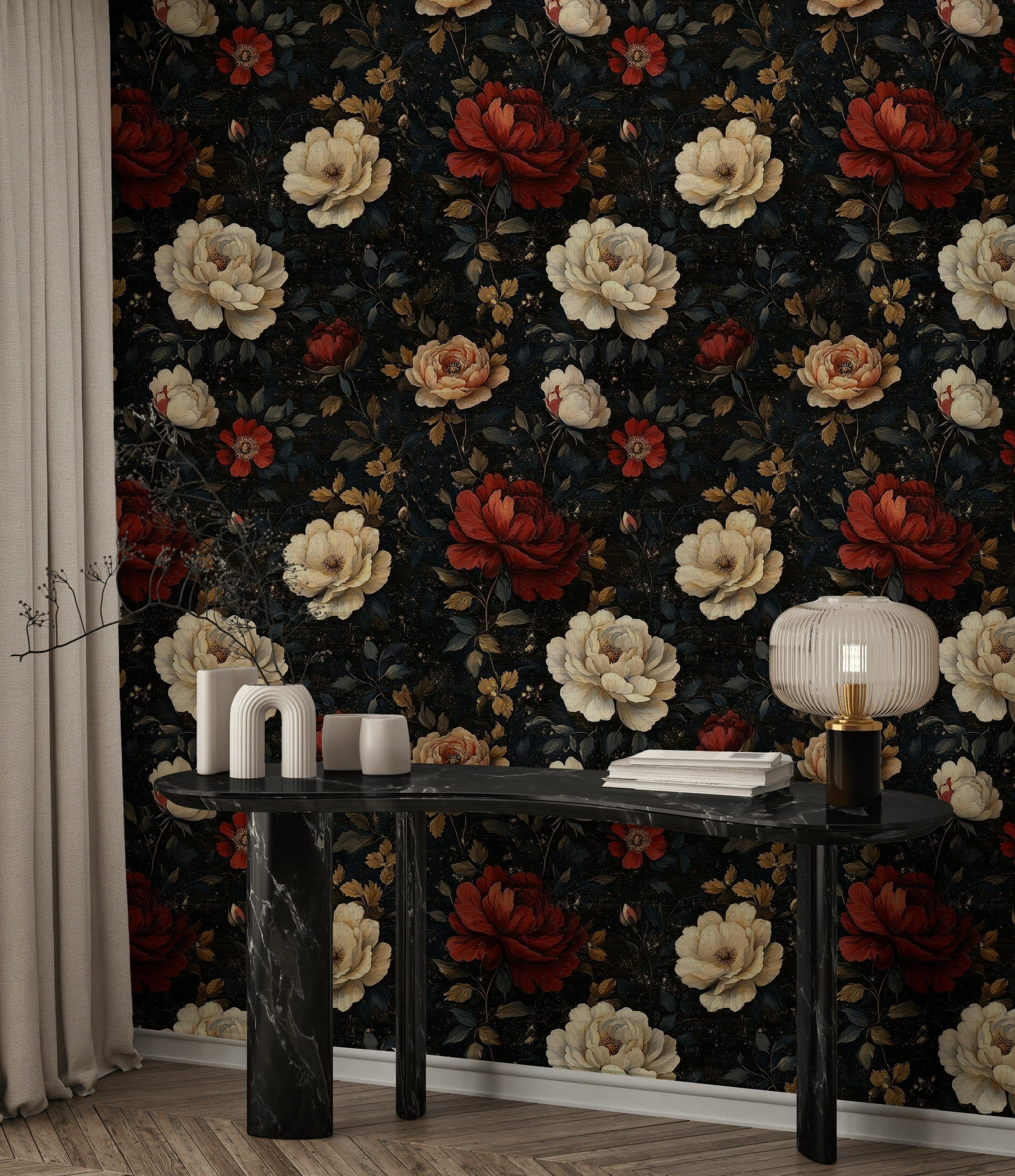 Dark Floral Black and Red Rose Wallpaper