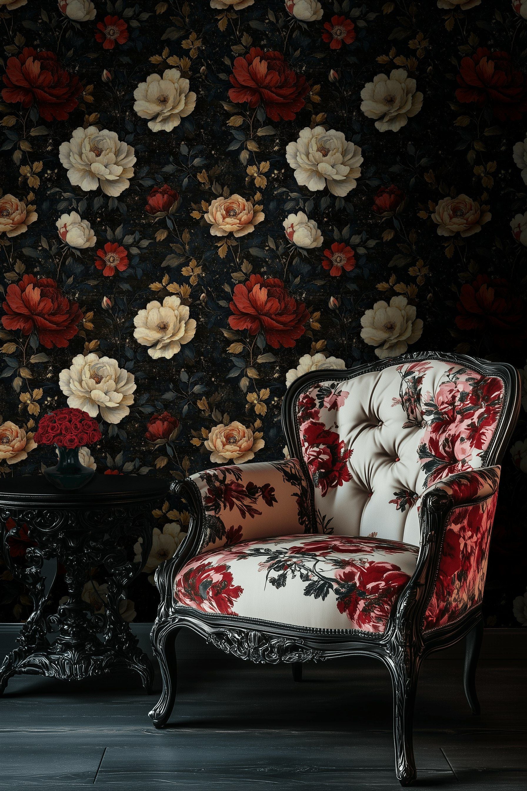 Dark Floral Black and Red Rose Wallpaper