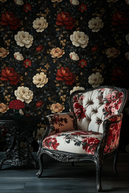 Dark Floral Black and Red Rose Wallpaper