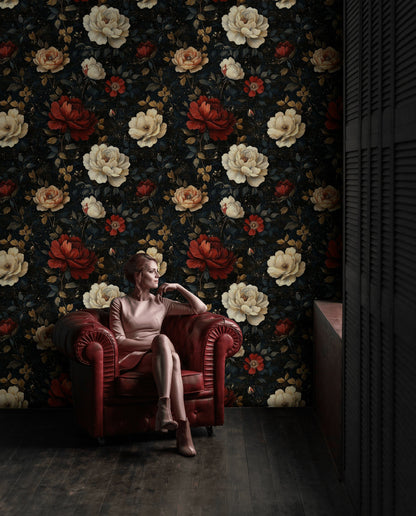 Dark Floral Black and Red Rose Wallpaper