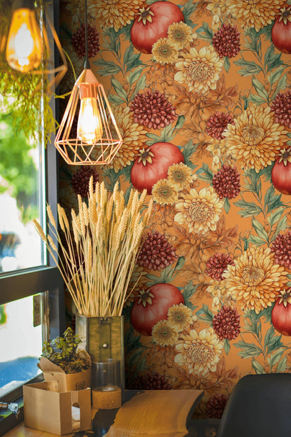 Vibrant Orange Vintage Floral Wallpaper