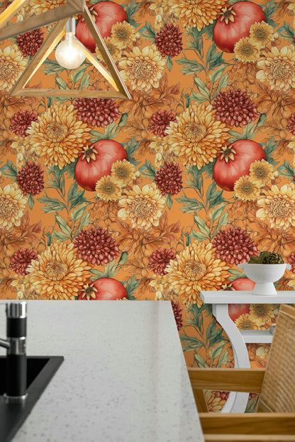 Vibrant Orange Vintage Floral Wallpaper