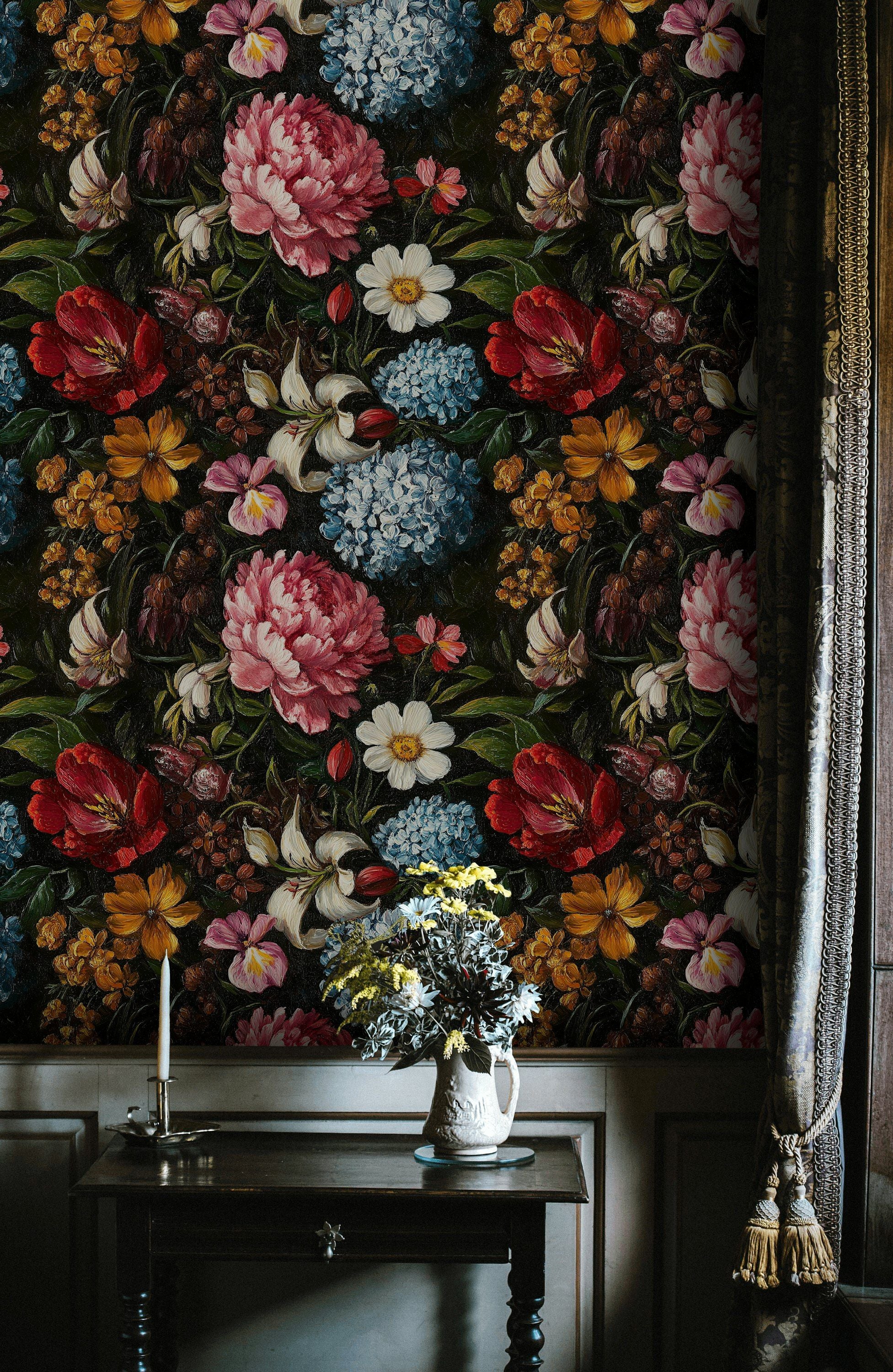 Dramatic Black Multicolor Floral Wallpaper