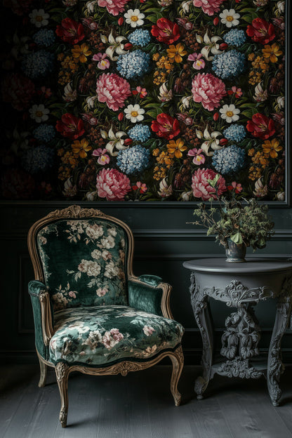 Dramatic Black Multicolor Floral Wallpaper