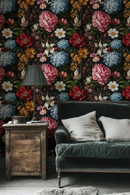 Dramatic Black Multicolor Floral Wallpaper