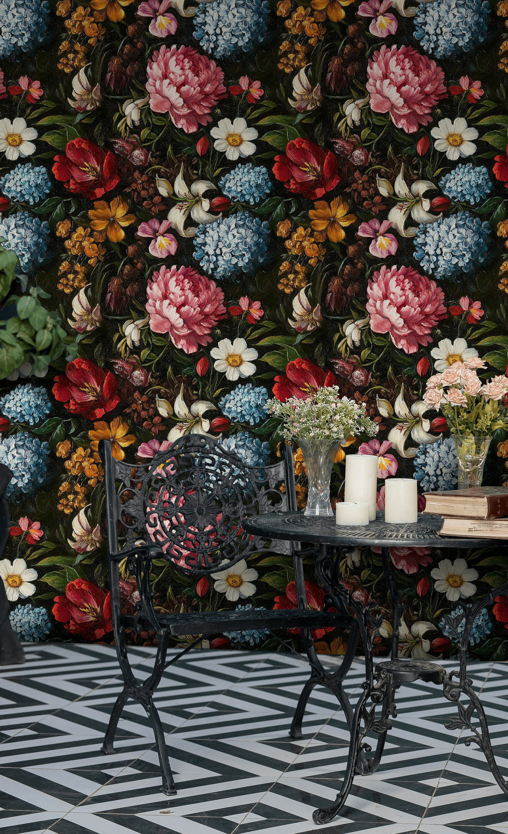 Dramatic Black Multicolor Floral Wallpaper
